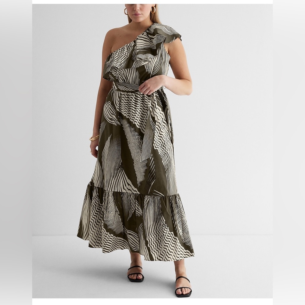 Express Olive and White One-Shoulder Maxi Dress - Picture 14 of 16